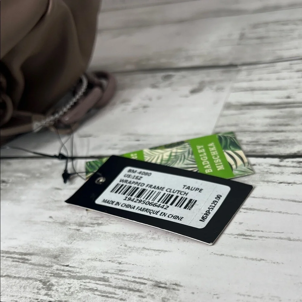 Badgley Mischka Taupe Wrapped Frame Clutch Shoulder Bag with Chunky Mauve Chain - Picture 5 of 10